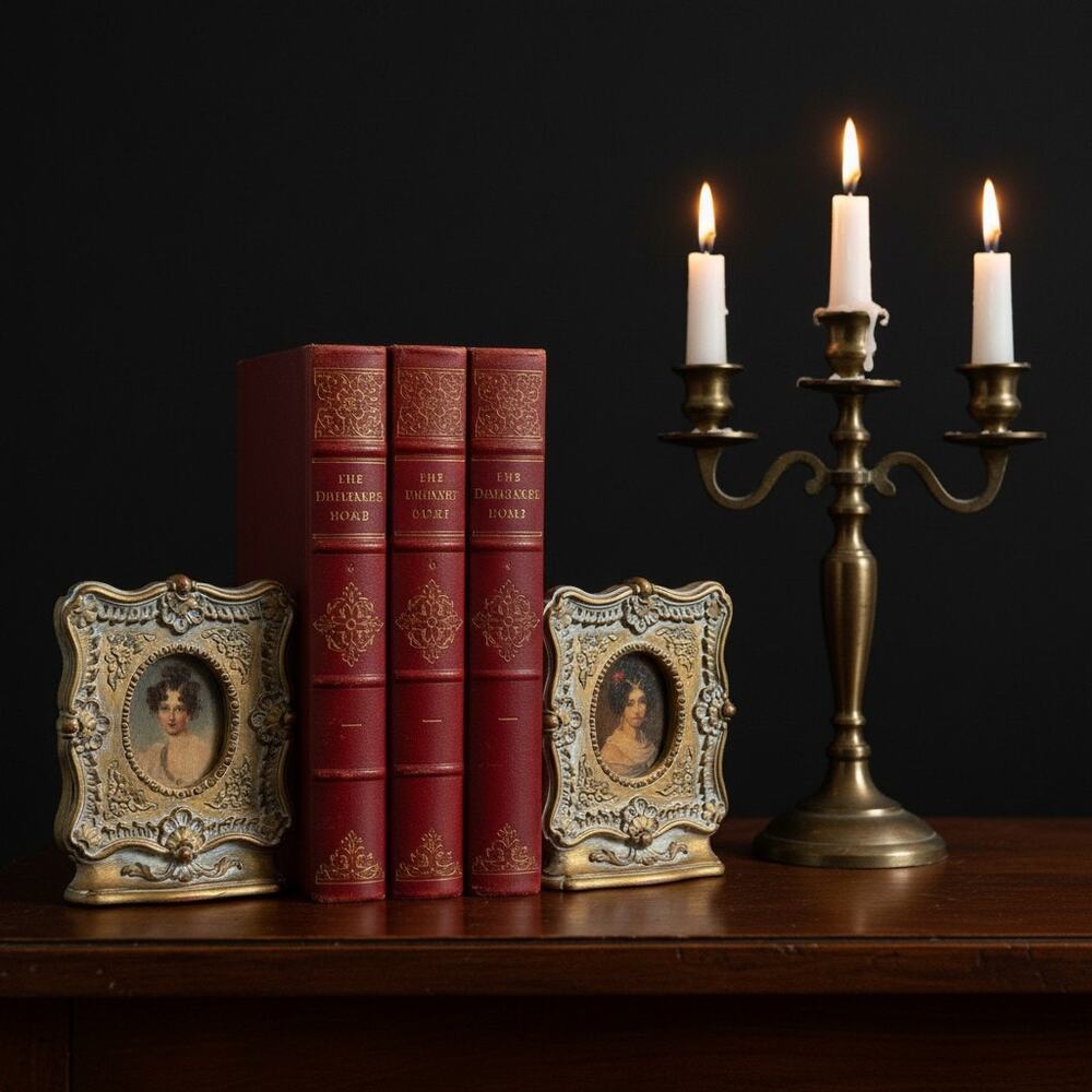 Vintage Syroco Wood Cameo Bookends Pair-Hollywood Regency-Gold-Ornate-Library